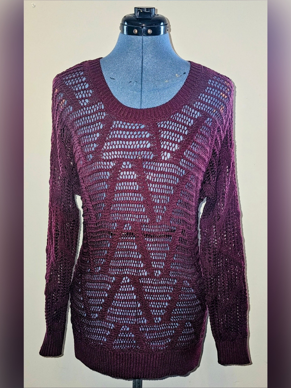 MINE Maroon Geometirc Machine Crochet Sweater